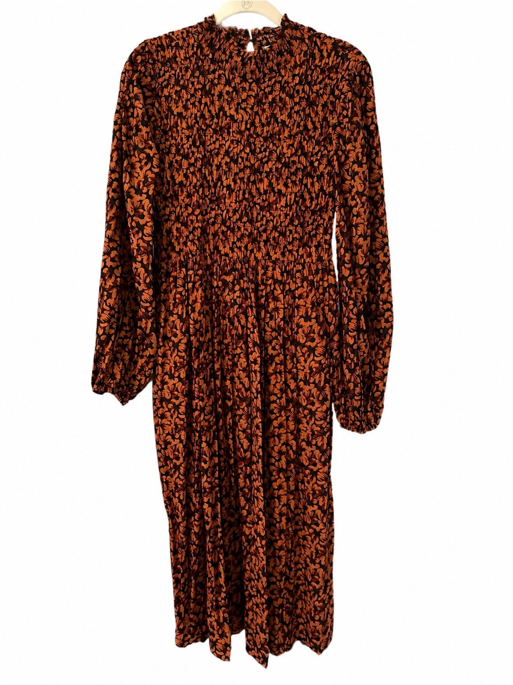 Smocked Waist Long Sleeve Floral Midi Dress in Black and Rust Orange